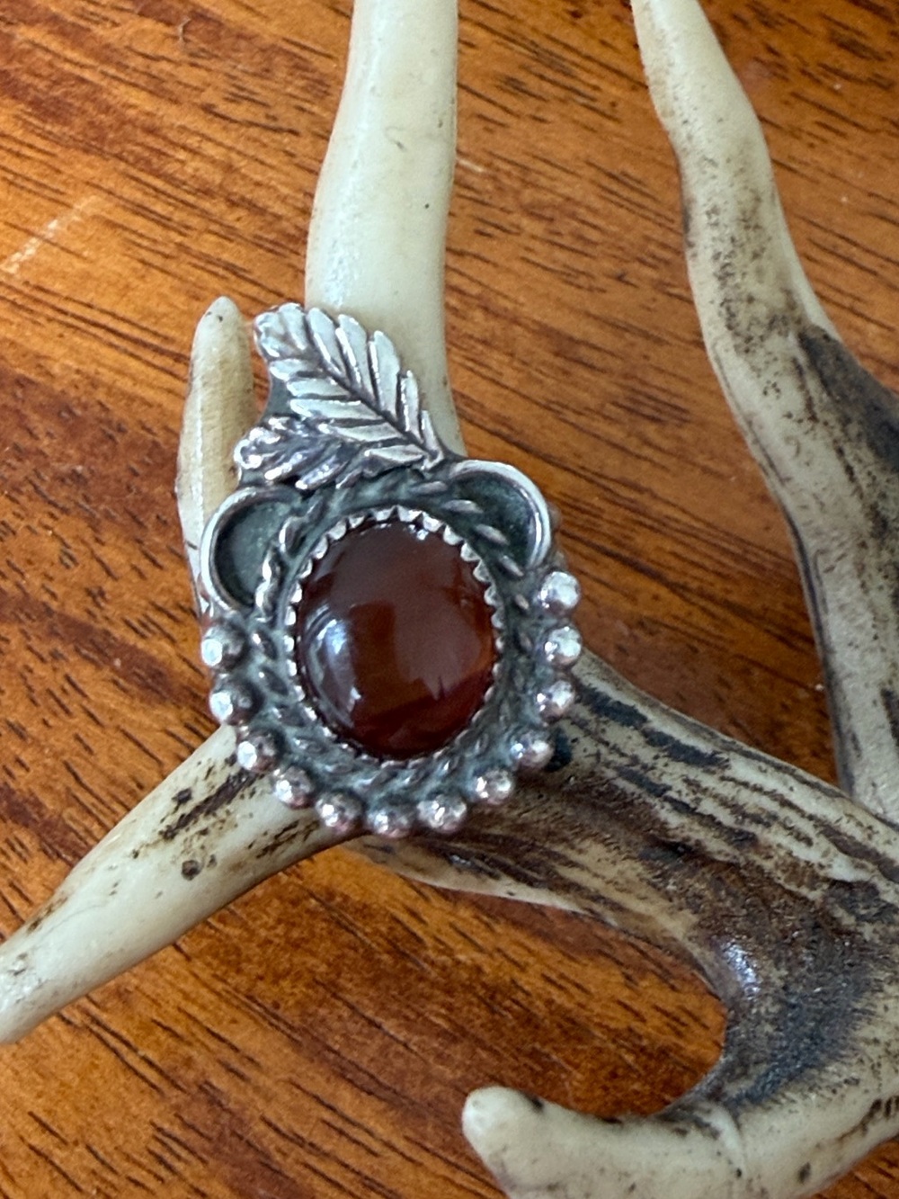 Sterling Leaf Ring with Deep Amber Cabochon